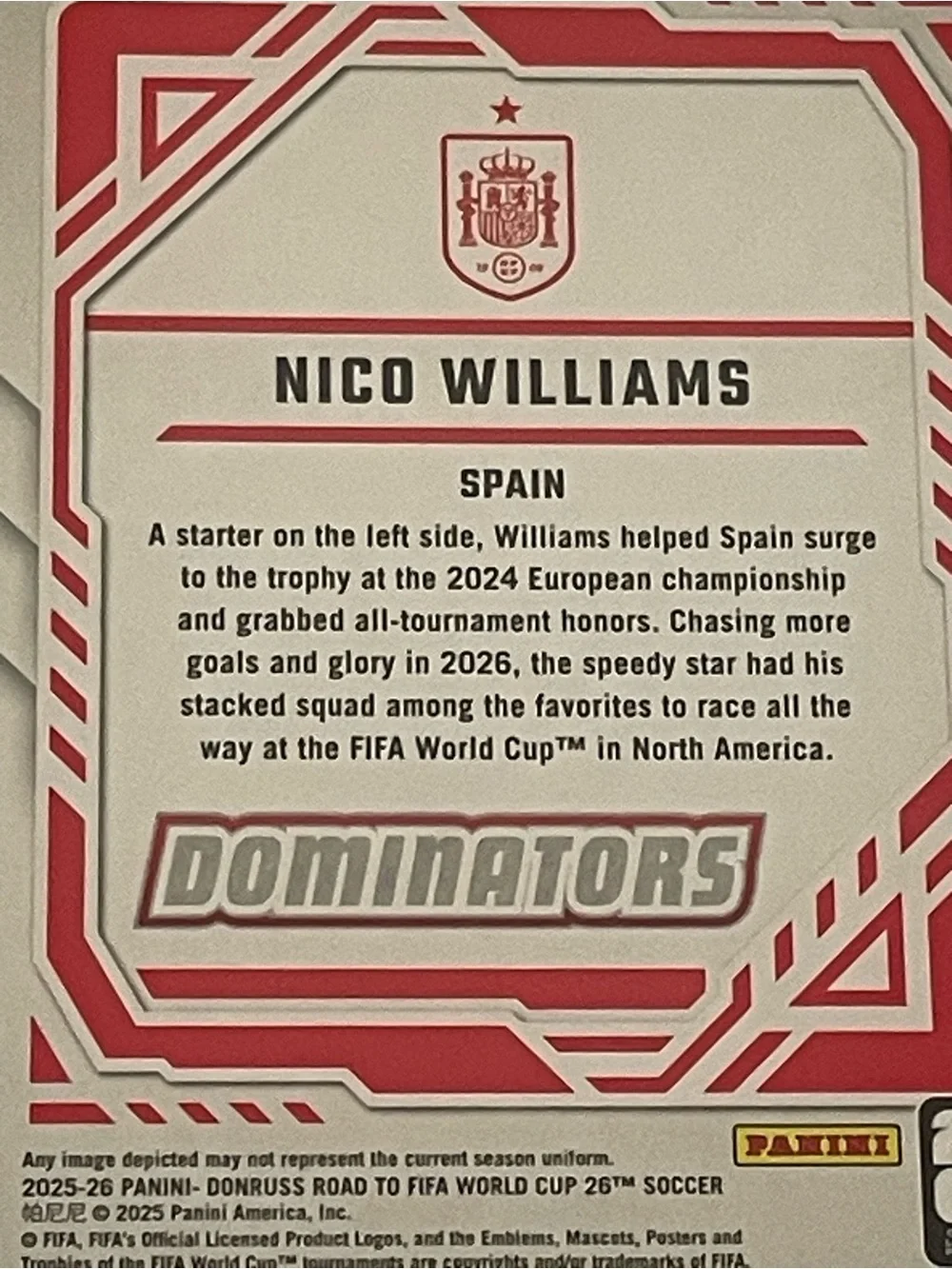 Panini Donruss Road to FIFA World Cup Dominators Nico Williams Spain #7 Card